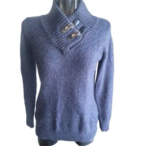 Contemporaine Blue Knit Wool Blend Sweater with Buckle Detailed Shawl Collar L